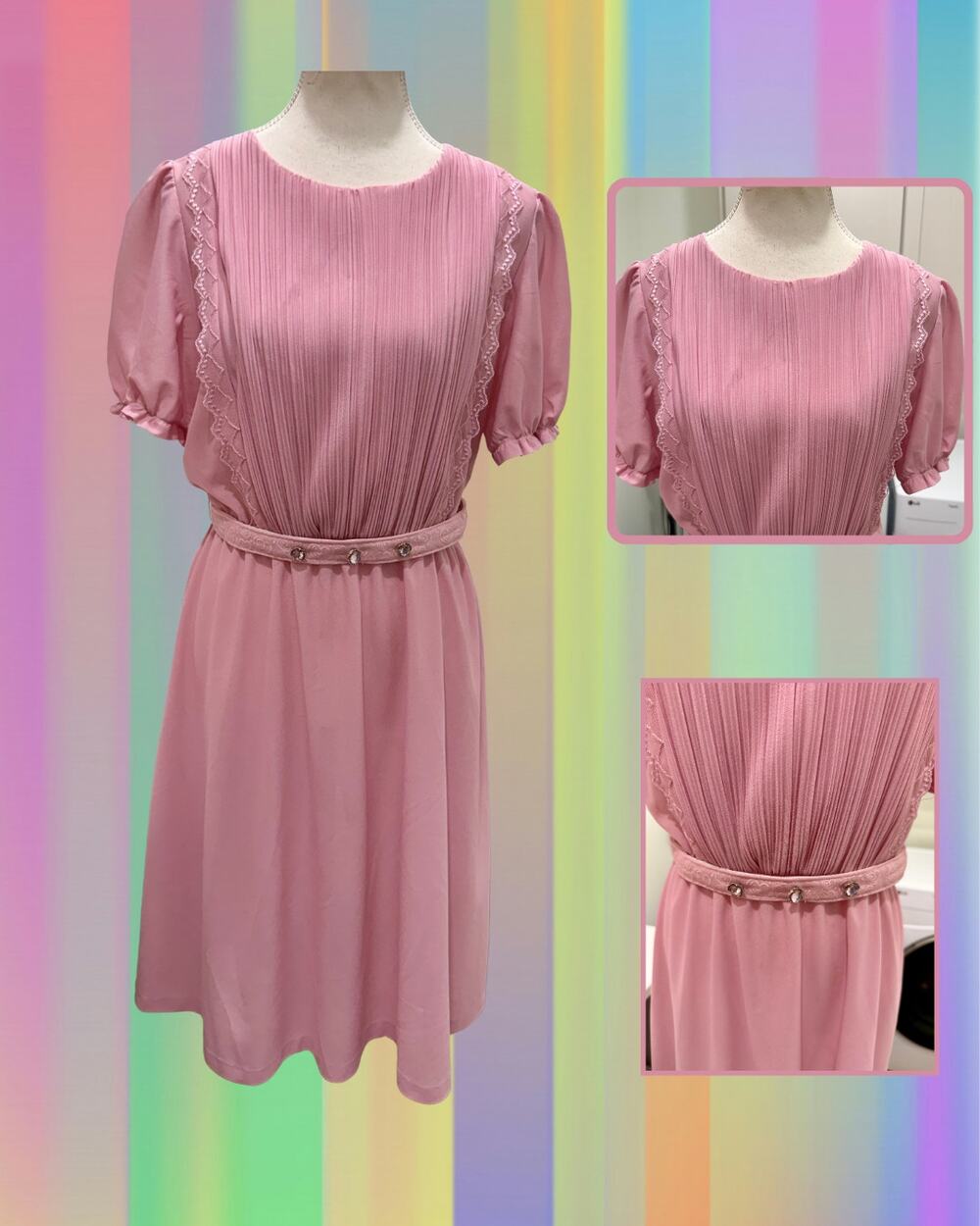 Vintage 70s Sandi Dee Pink Pleated Midi Dress Lace Trim Puff Sleeve Size 13/14 M